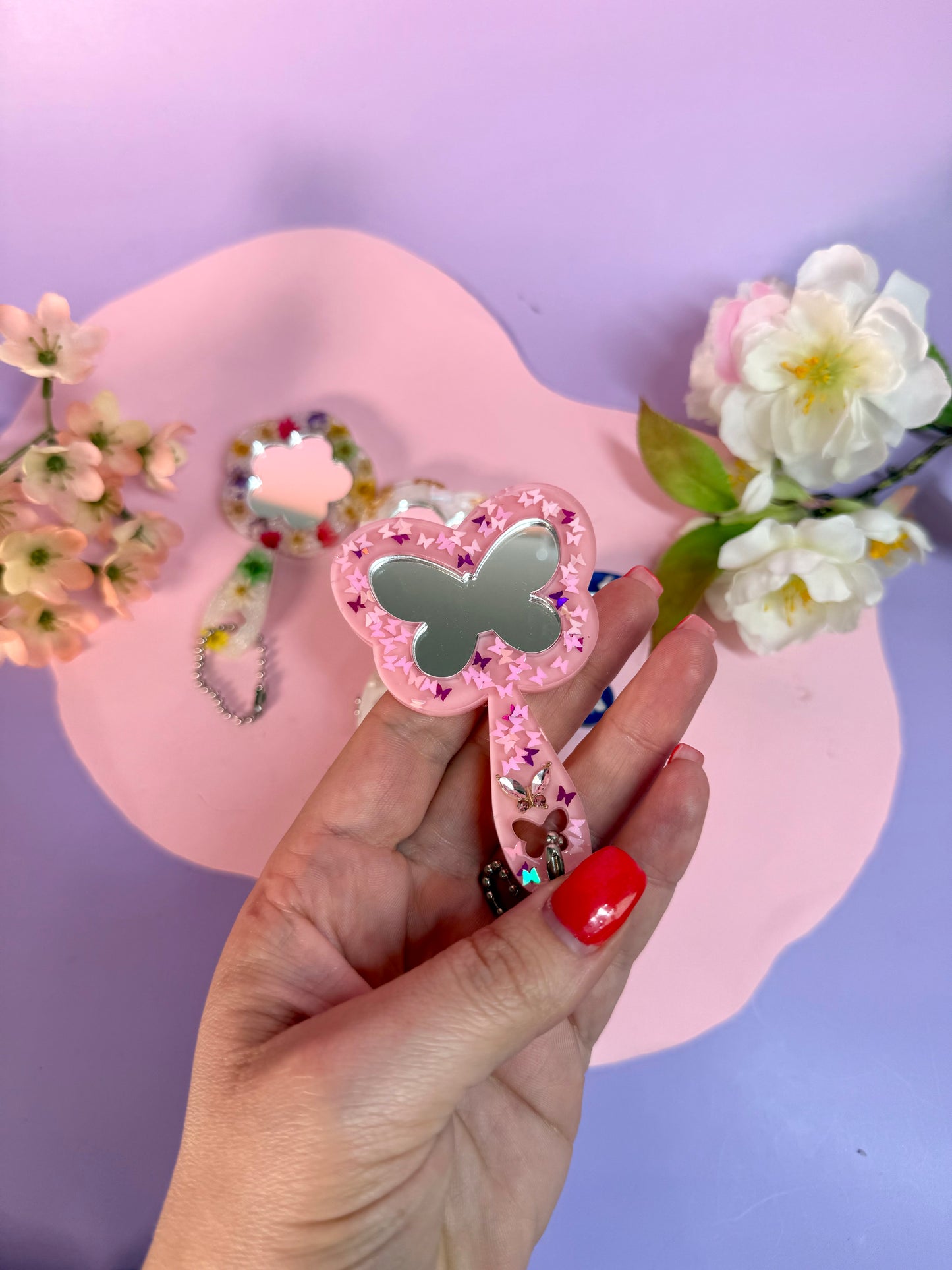 MirrorMädels - Mini Spiegel Anhänger Blume Herz Schmetterling Mond Kosmetik Mäppchen