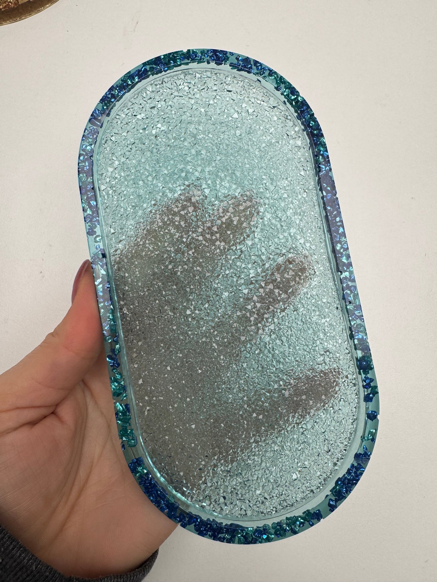 Glitzer Schälchen oval türkis mit Steinchen