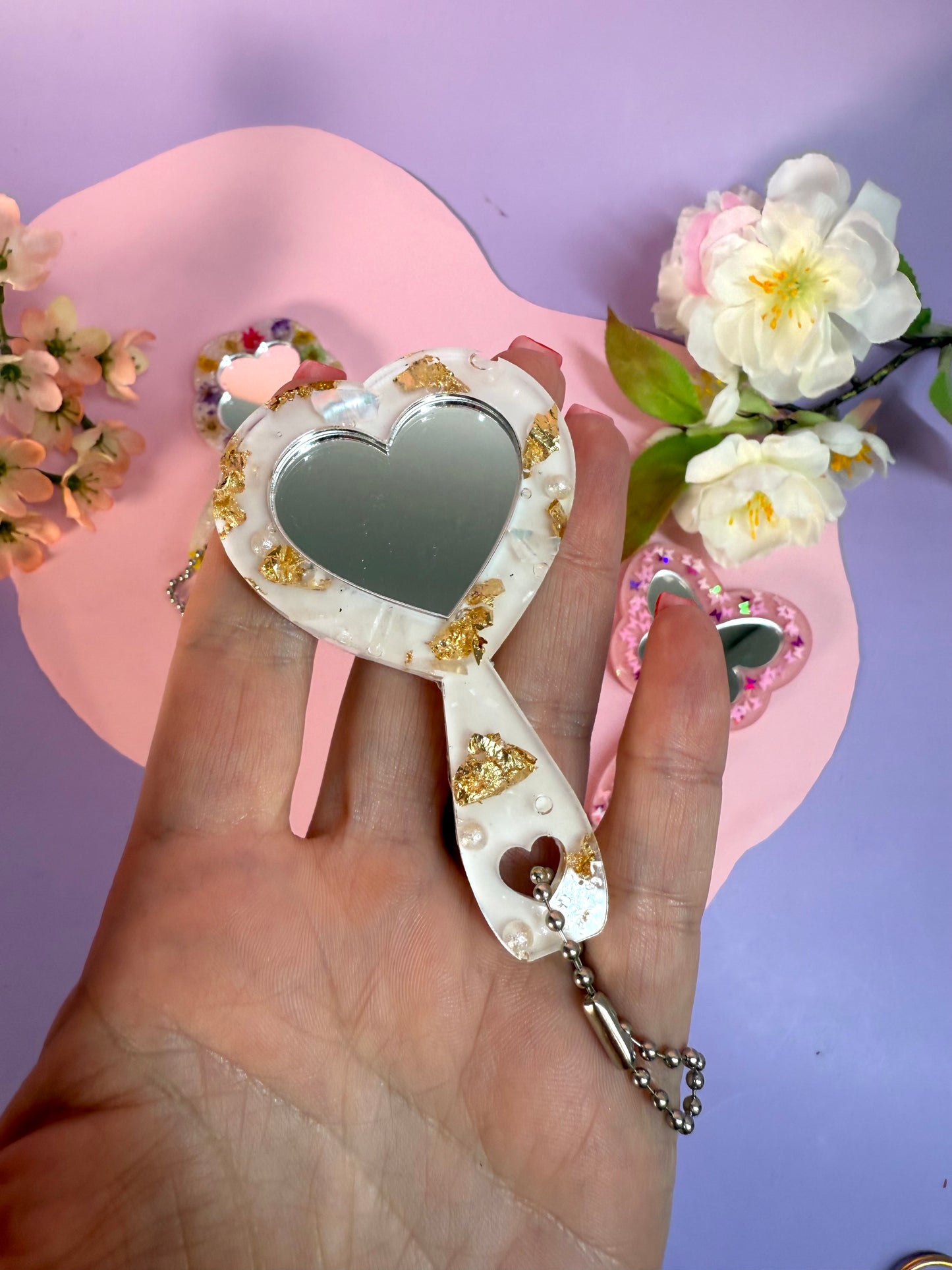 MirrorMädels - Mini Spiegel Anhänger Blume Herz Schmetterling Mond Kosmetik Mäppchen