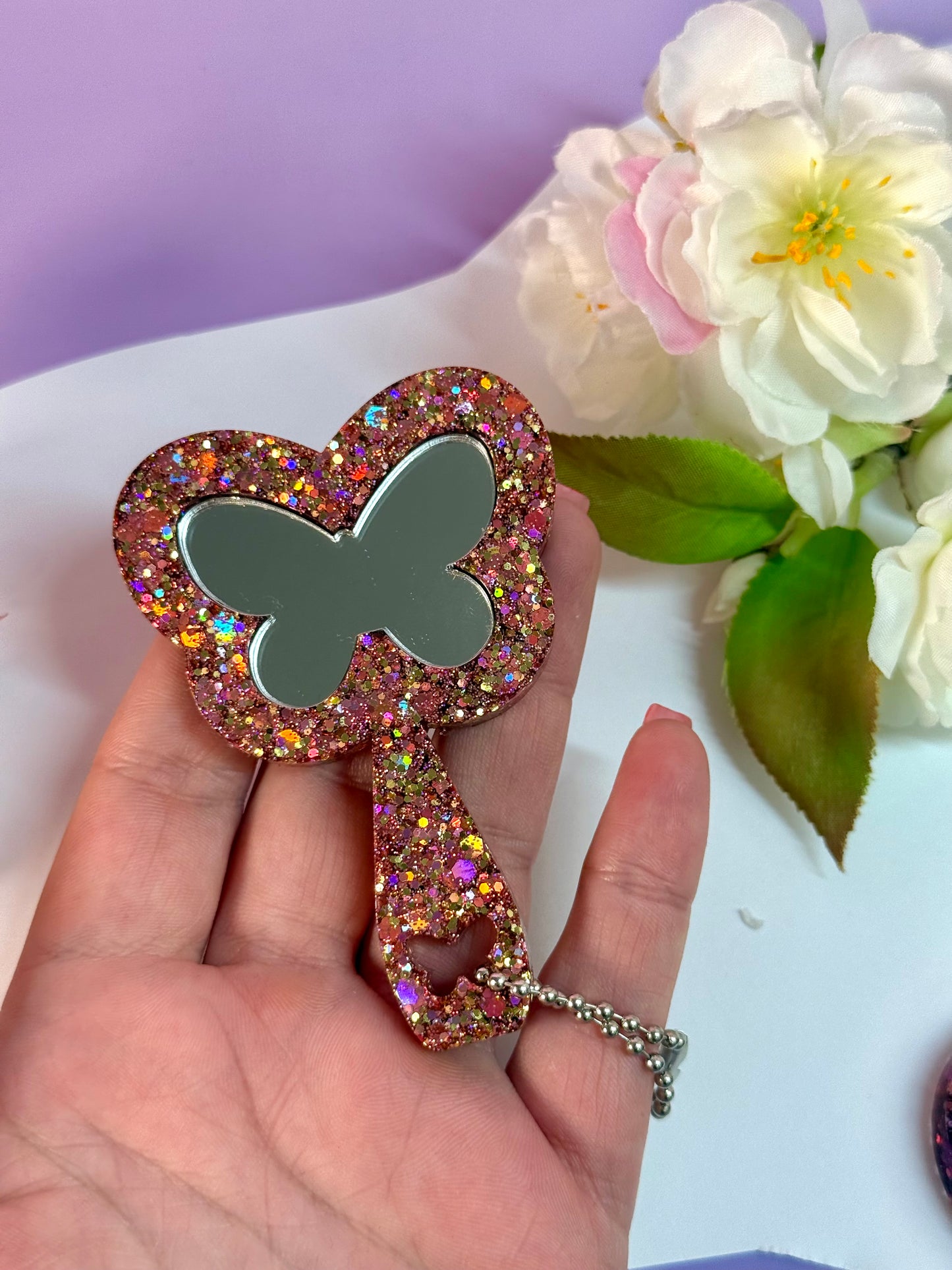 MirrorMädels - Mini Glitzer Spiegel Anhänger Blume Mond Herz Schmetterling Taschenanhänger