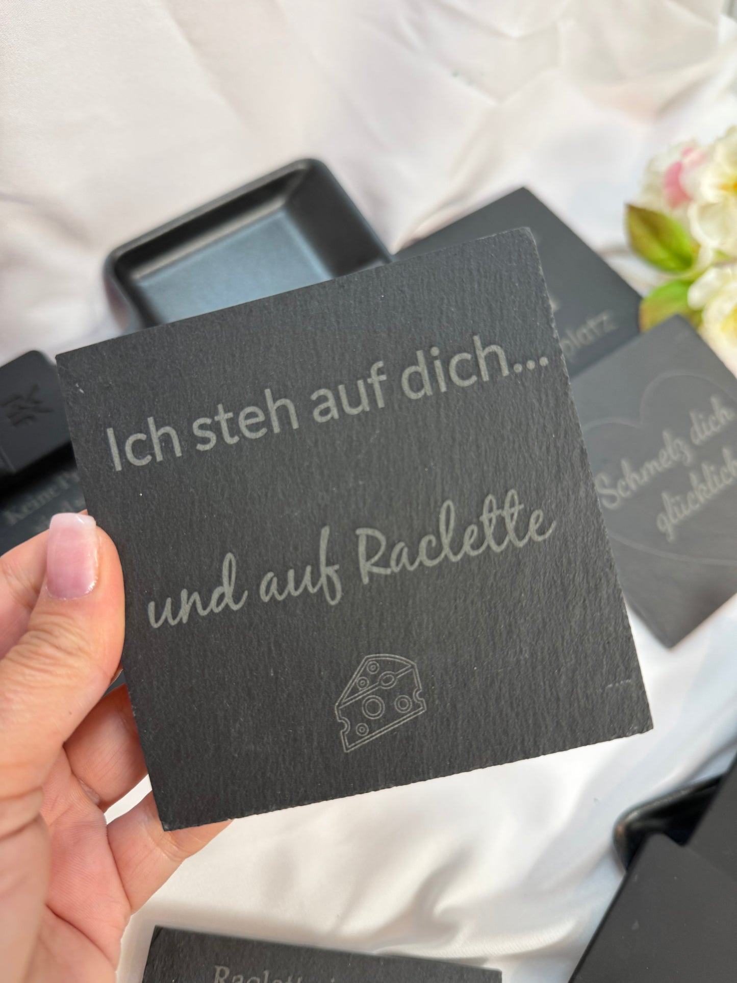 Raclette Pfännchenparkplatz Schieferuntersetzer