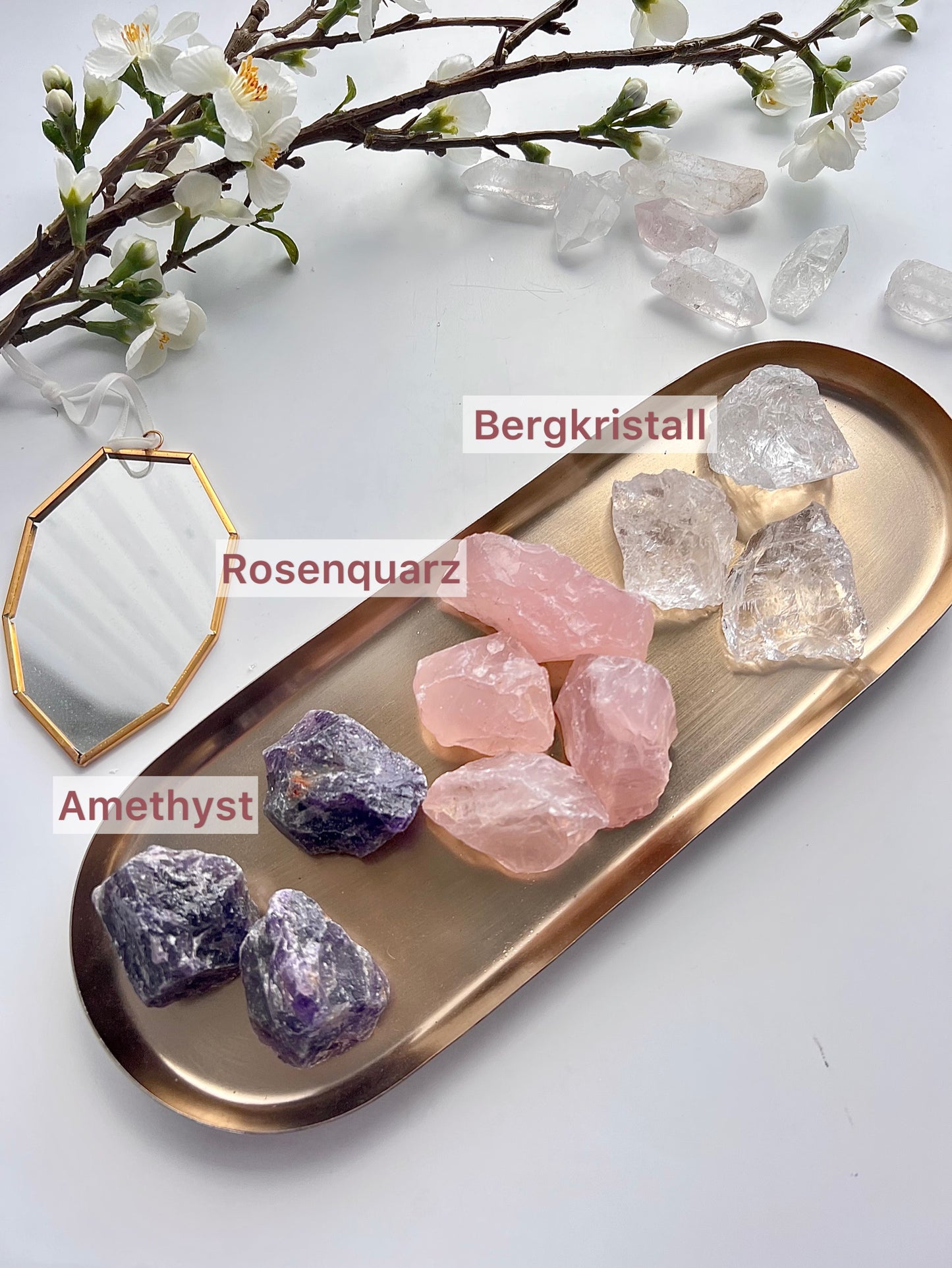 Rohstein Amethyst, Bergkristall, Rosenquarz