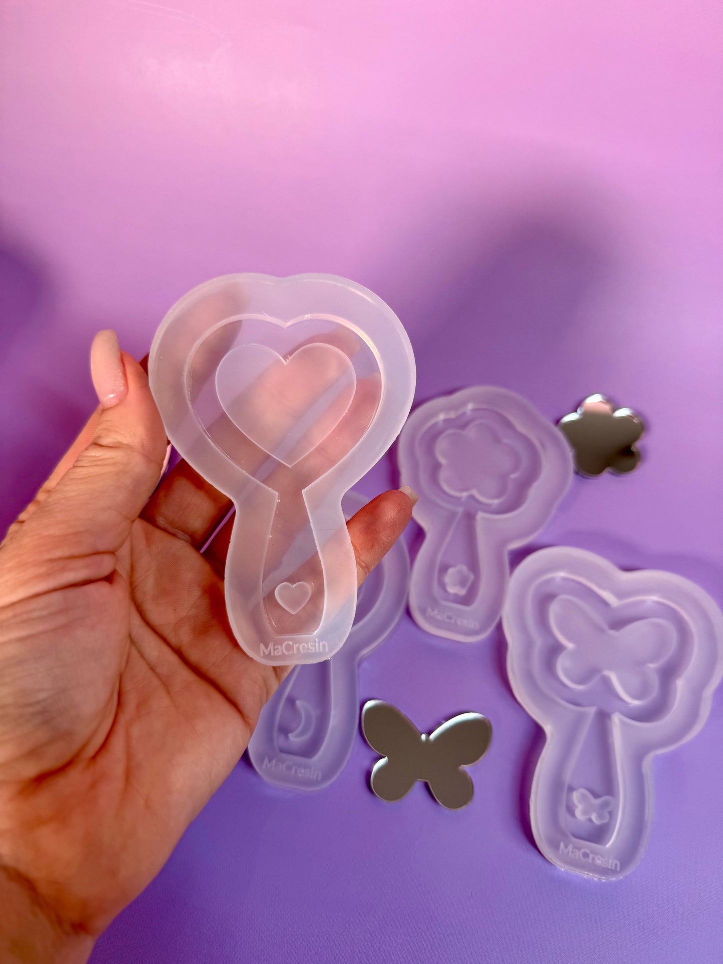 Silikonform MirrorMädels Form für kleine Handspiegel Blume Herz Mond Schmetterling