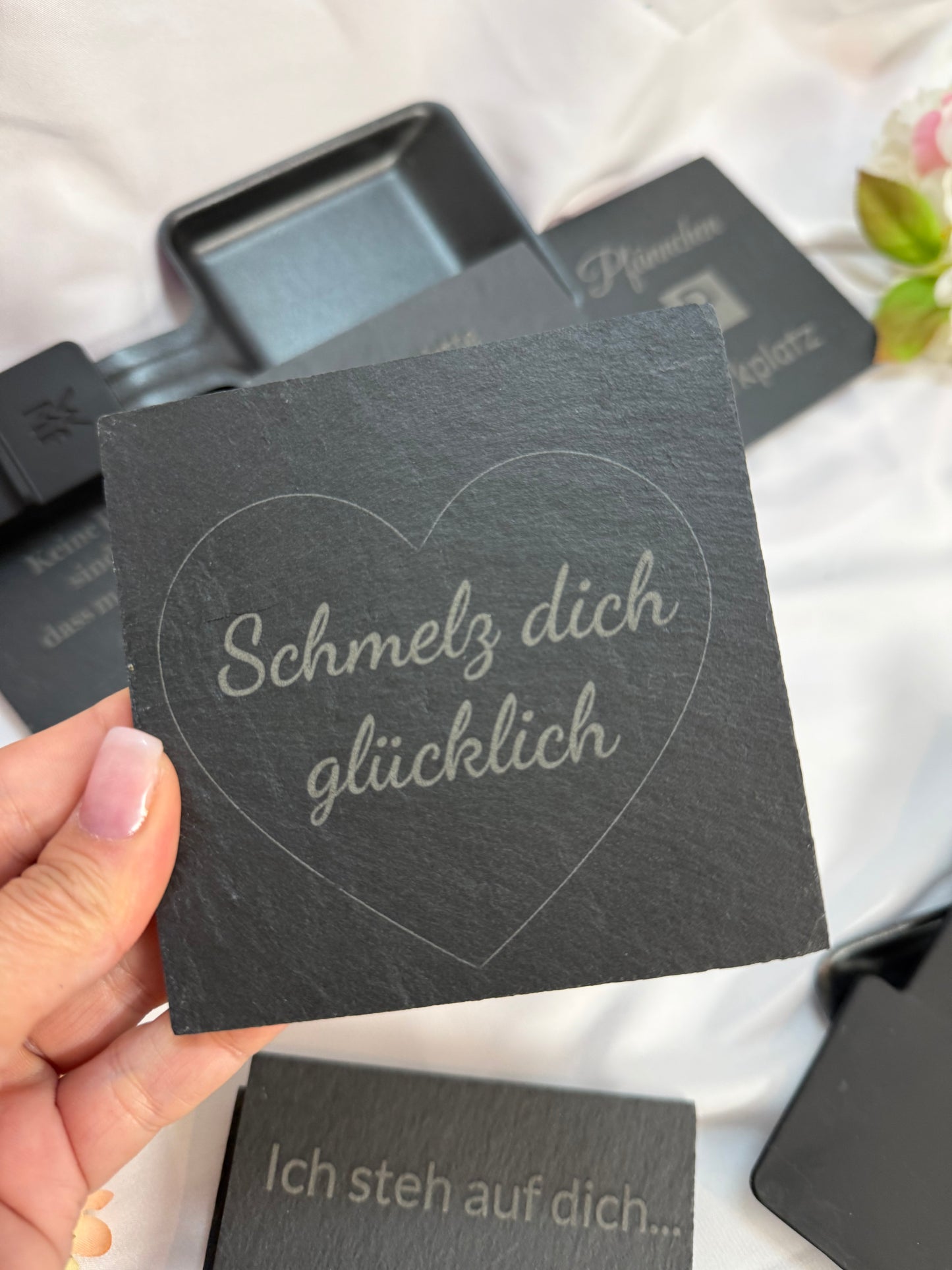 Raclette Pfännchenparkplatz Schieferuntersetzer