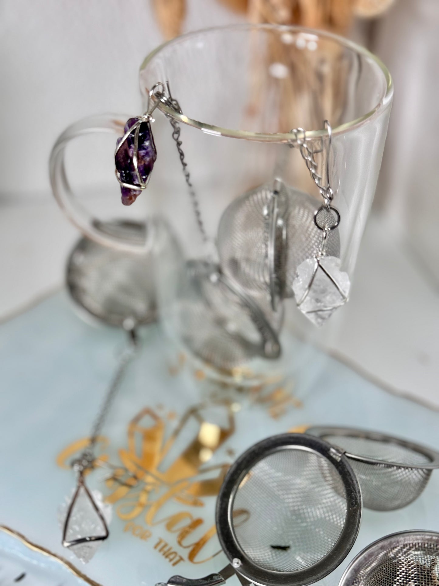 Kristall Teesieb Bergkristall / Amethyst Spitze
