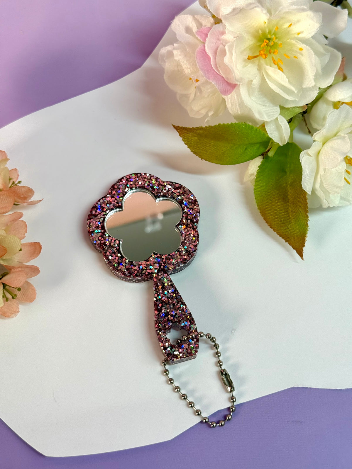 MirrorMädels Mini Spiegel Blume glitzer rosa holographisch – MaCresin