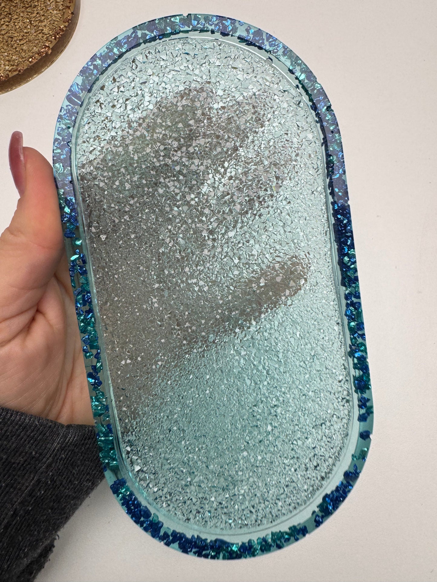 Glitzer Schälchen oval türkis mit Steinchen