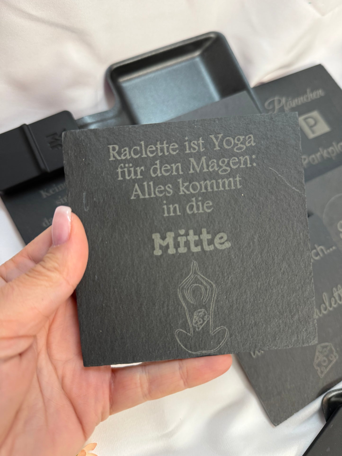 Raclette Pfännchenparkplatz Schieferuntersetzer