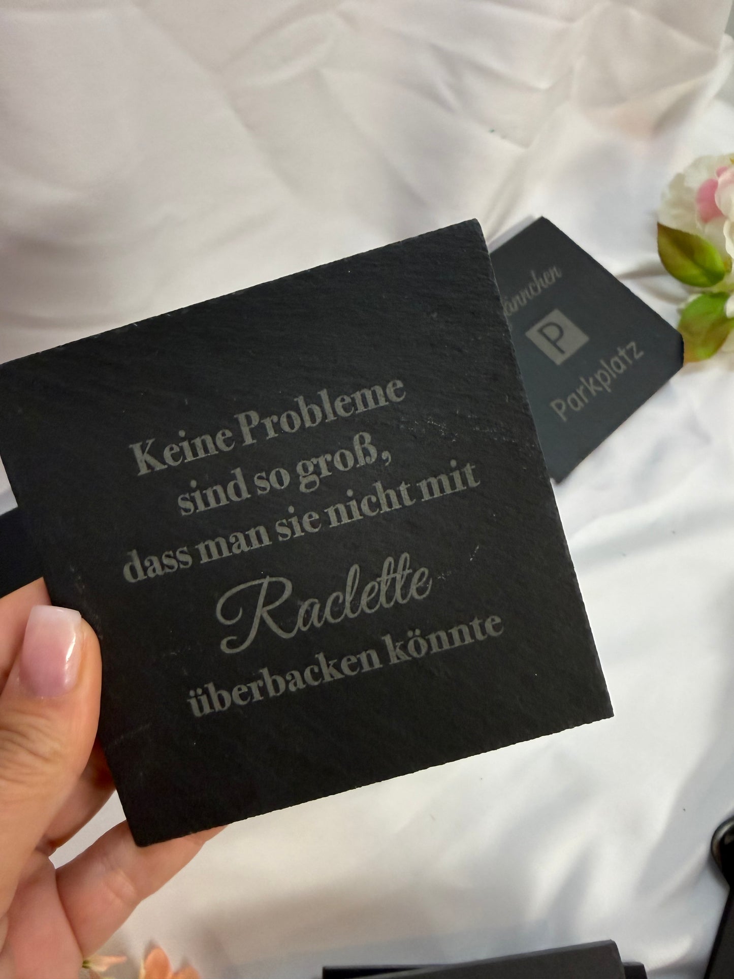 Raclette Pfännchenparkplatz Schieferuntersetzer