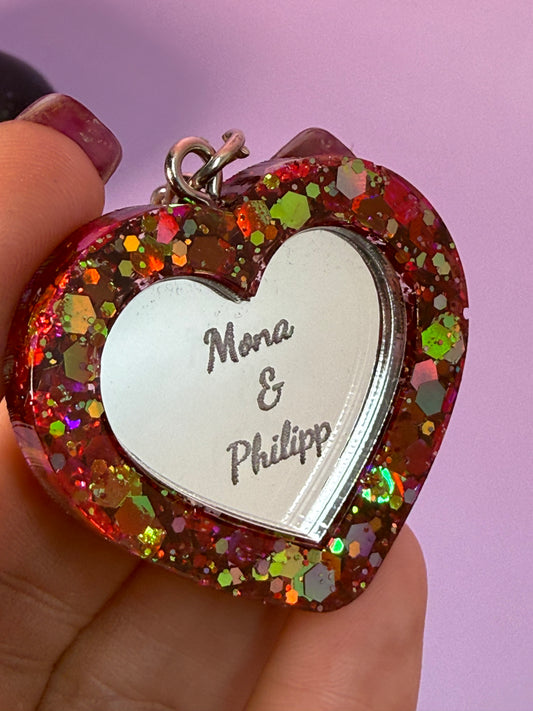 Spiegel Herz Schlüsselanhänger mit persönlicher Notiz