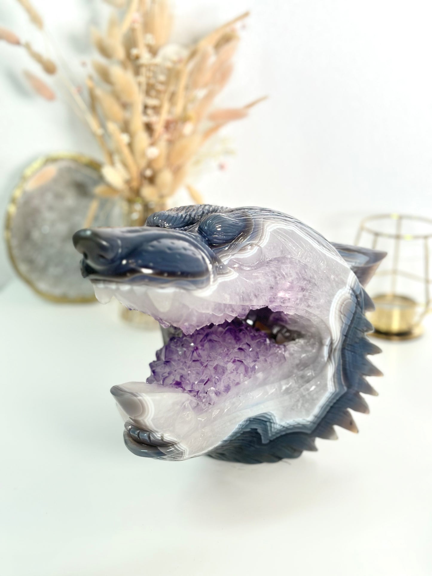 XXL Amethyst Wolf Carving