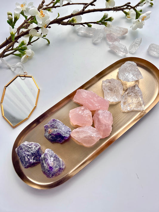 Rohstein Amethyst, Bergkristall, Rosenquarz