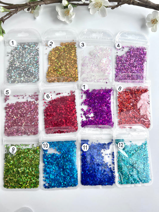Holographische Glitzer Sterne mit 4 Zacken